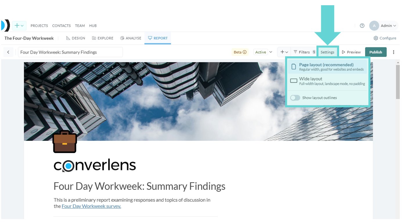 Toolbar screenshot: Edit the layout of the Report Builder by clicking on the Settings button.