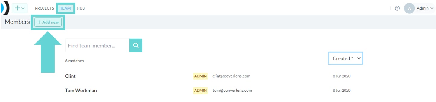 Getting set-up with Converlens screenshot: From the Global Menu Click the “Team” link and then click the “Add New” button.