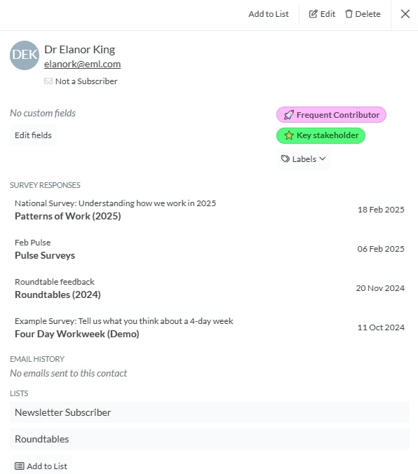 Contact View screenshot: Survey Responses