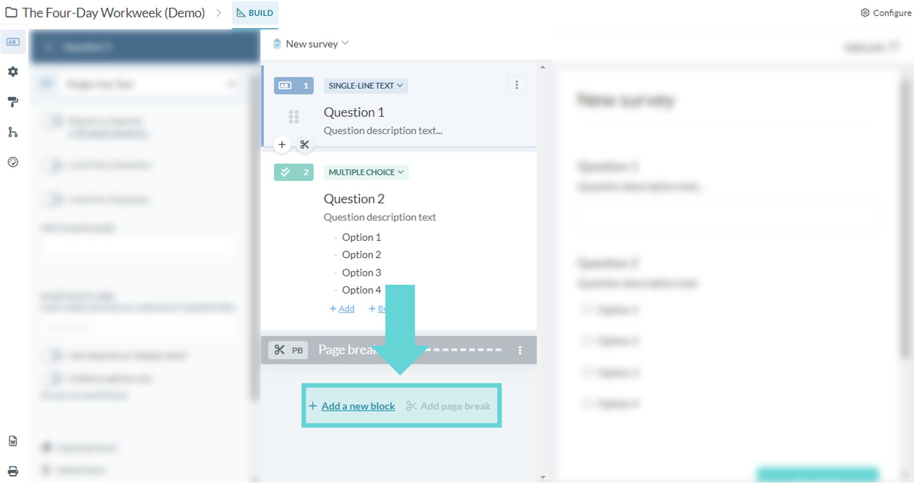 Adding a block or a page break screenshot: Adding a page break