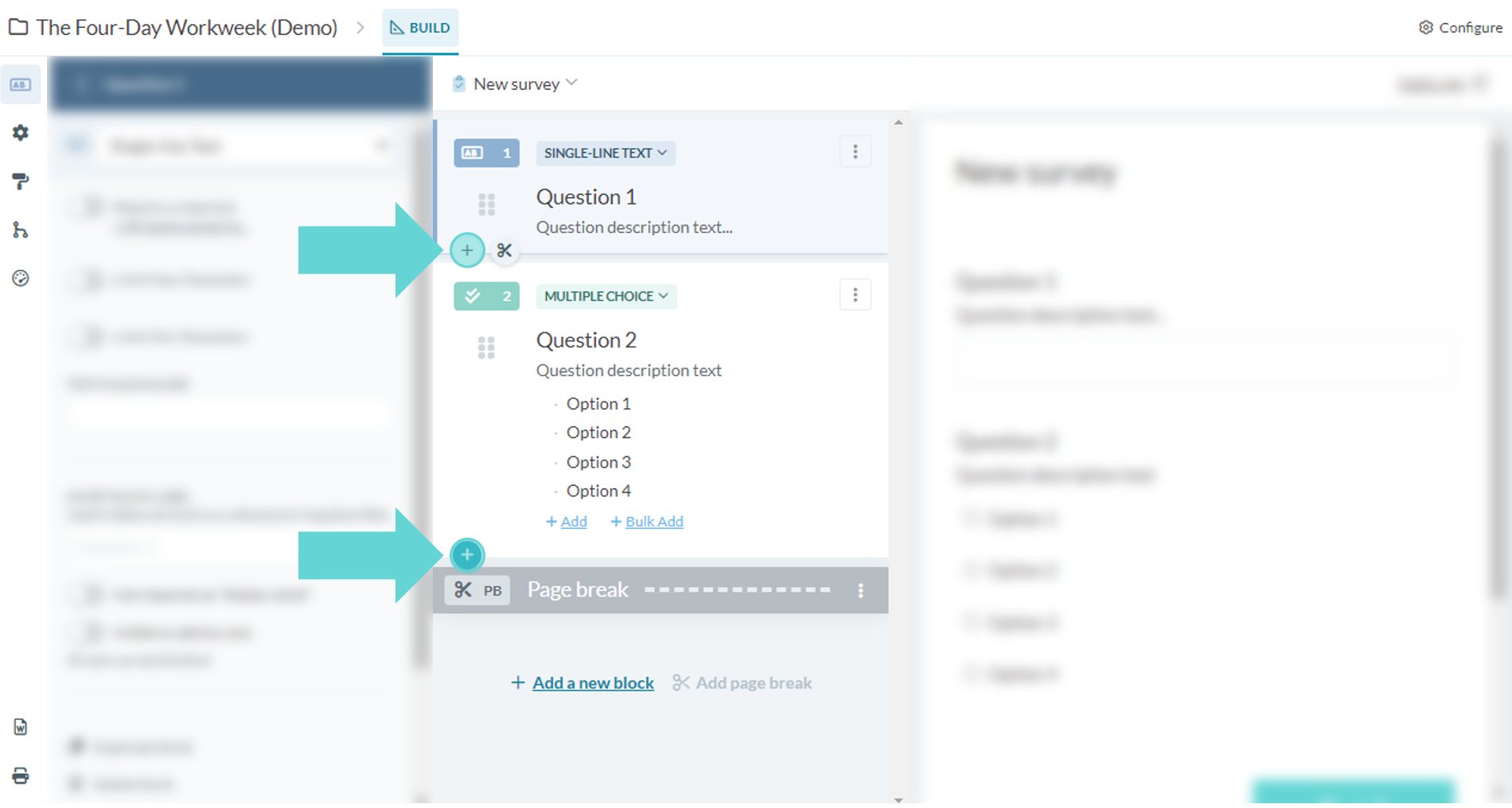 Adding a block or a page break screenshot: Adding a page break