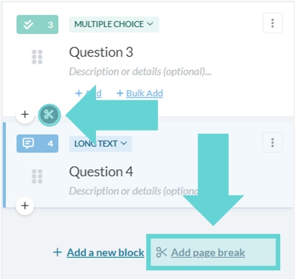 Adding a block or a page break screenshot: Adding a page break
