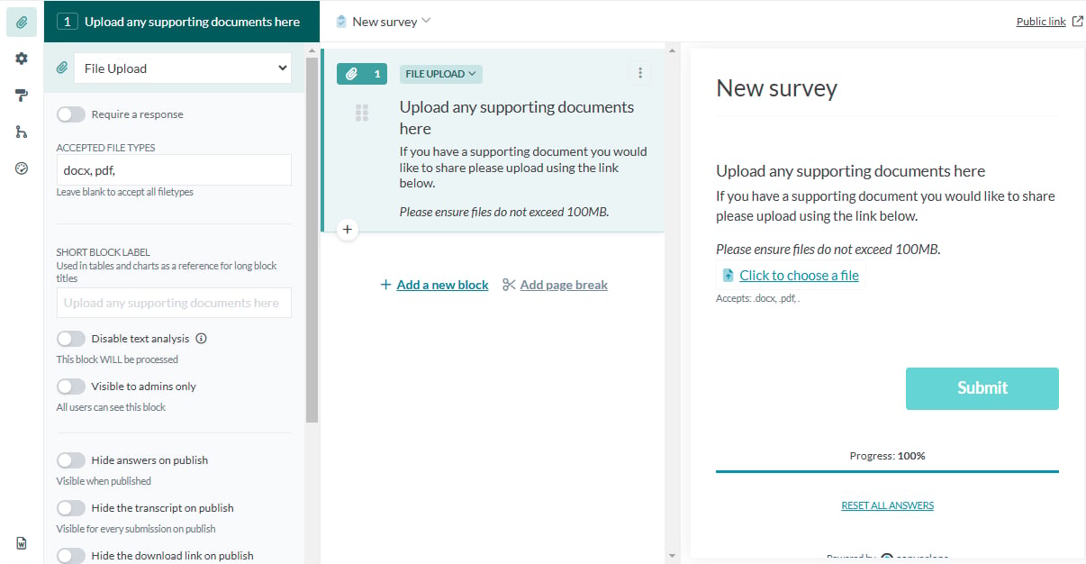 File Upload screenshot: to guide respondents and prevent upload issues.