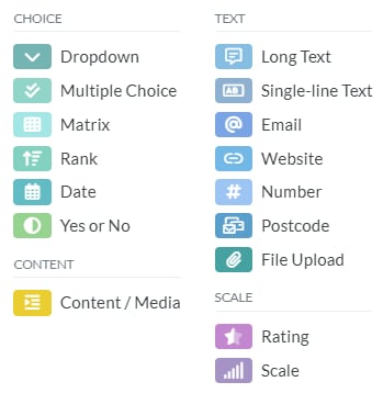 Block types and functions screenshot: Scale blocks provide a range-based response format, allowing respondents to rate or evaluate items on a numerical scale, such as rating satisfaction levels or indicating preferences on a number range scale.