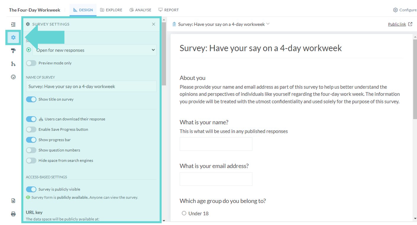 Survey Settings screenshot: Preview Mode Only