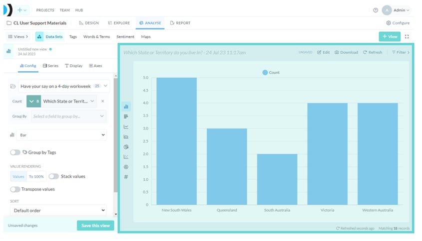 Chart Stage screenshot: The Stage area displays a real-time view of the data visualisation as edits are being made in the settings. From here you can change the chart type, edit the chart data, download the chart and refresh results.