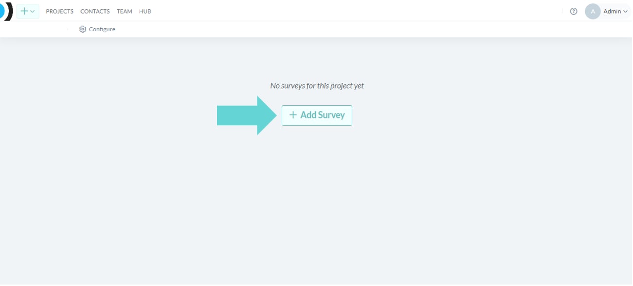 Adding a survey screenshot: To add a survey to a new project with no other Data Spaces, click the +Add Survey button.