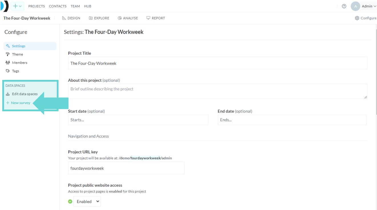 Adding a survey screenshot: Under data spaces, click +New Survey.