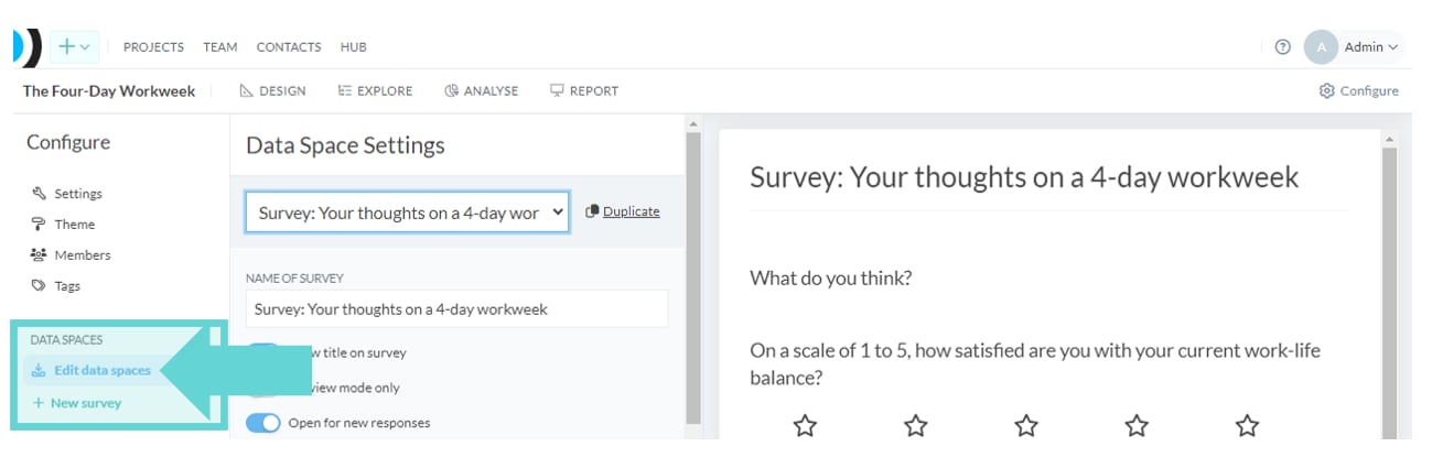 Data Spaces screenshot: Response publishing settings