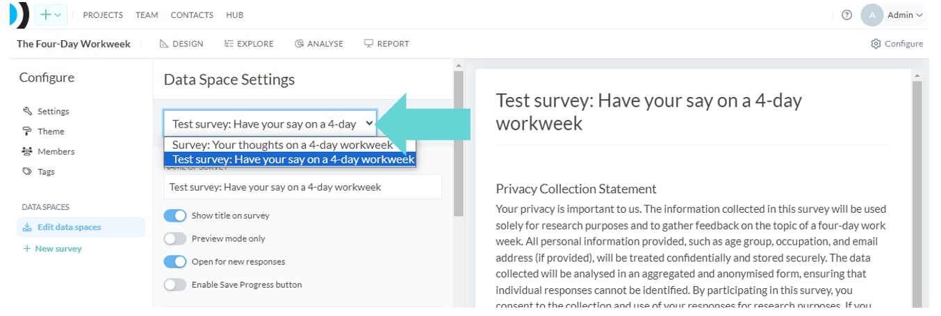 Data Spaces screenshot: Response publishing settings