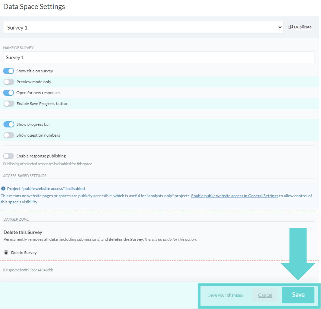 Data Spaces screenshot: Response publishing settings