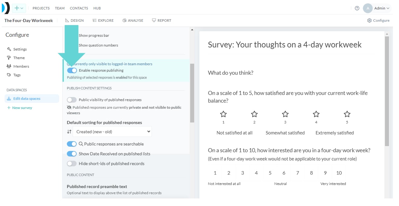 Data Spaces screenshot: Response publishing settings