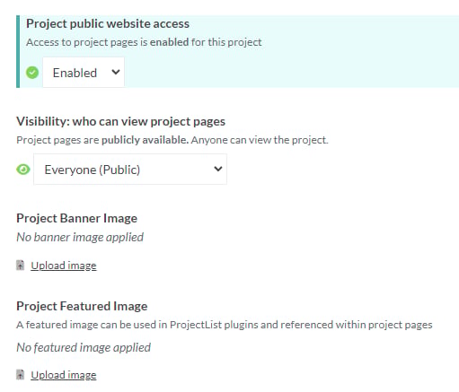 Settings (project configuration) screenshot: When project public website access is enabled, you will see a green tick and some additional options will display
