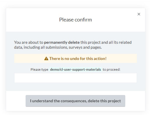 Settings (project configuration) screenshot: Converlens requires a text input confirmation before a project is deleted.