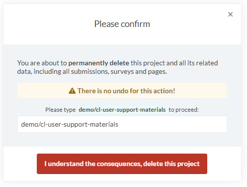 Settings (project configuration) screenshot: Converlens requires a text input confirmation before a project is deleted.