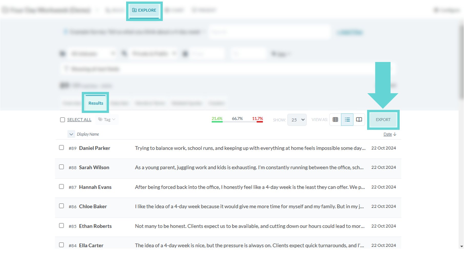 Exporting responses screenshot: Word export options