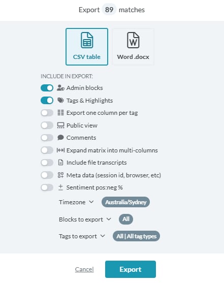 Exporting responses screenshot: Word export options