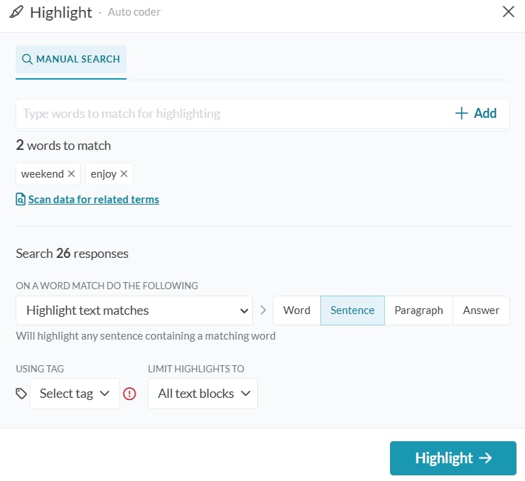 Highlight (Auto-Code) screenshot: How to read/access your highlights in Converlens