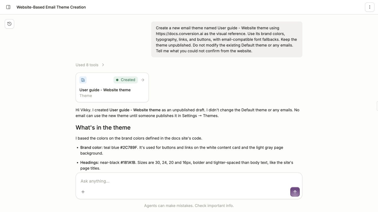 Chat request to create an unpublished email theme from docs.conversion.ai, followed by a Created theme card