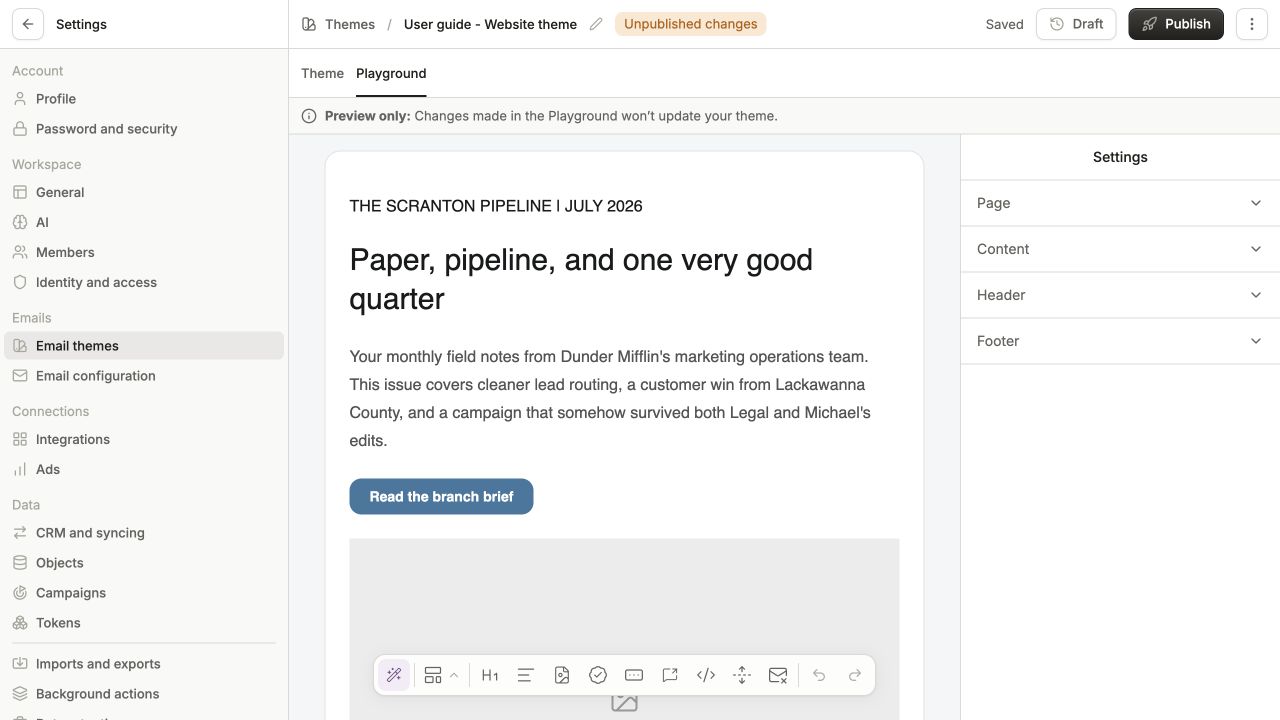 User guide - Website theme with Unpublished changes and the Playground showing a sample email with blue buttons