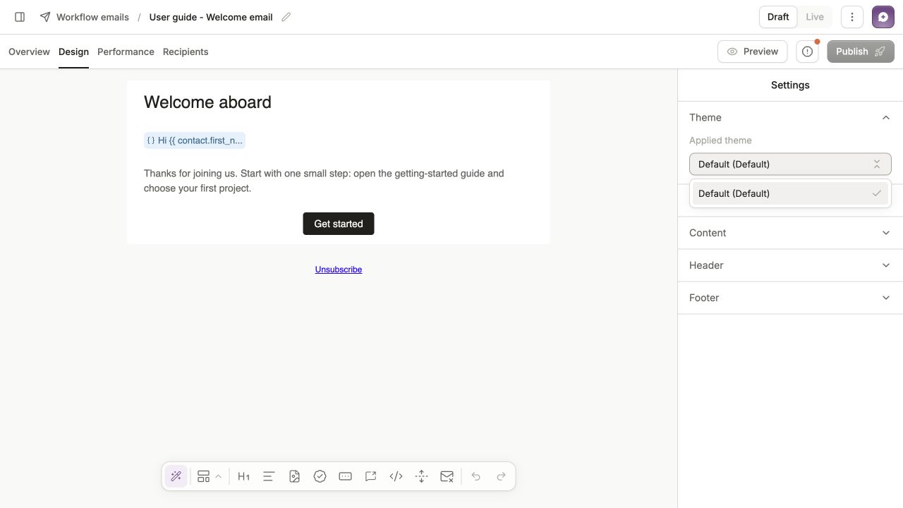 Welcome email with the Applied theme picker open in the Settings panel