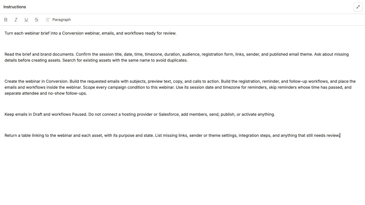 Expanded agent Instructions editor containing the webinar asset-building instructions and review requirements