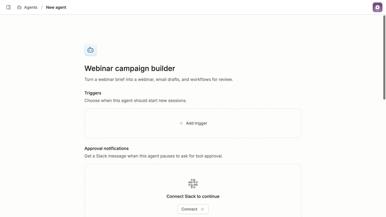 New agent named Webinar campaign builder with a description and an empty Triggers section