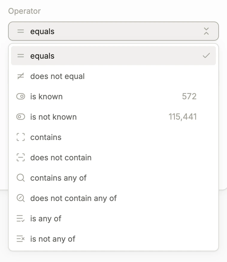 Operator selection dropdown Operator selection dropdown in the Unified Query Engine
