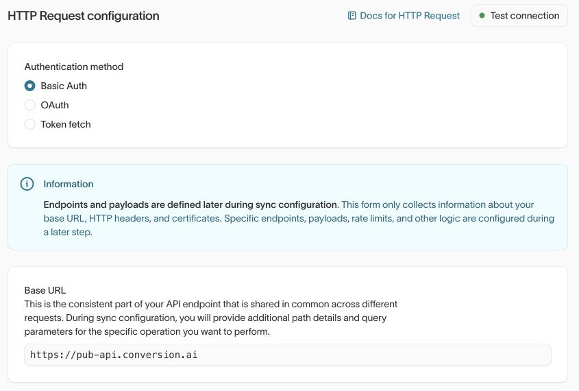 Hightouch HTTP Request destination using Basic Auth and https://pub-api.conversion.ai