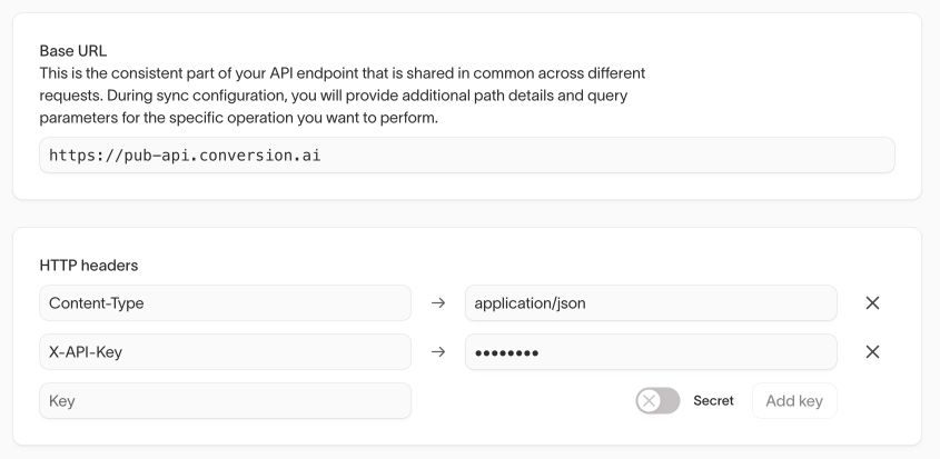 HTTP headers with Content-Type application/json and a masked X-API-Key