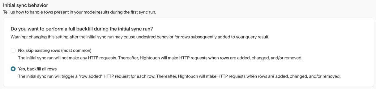 Hightouch initial sync behavior set to backfill all rows