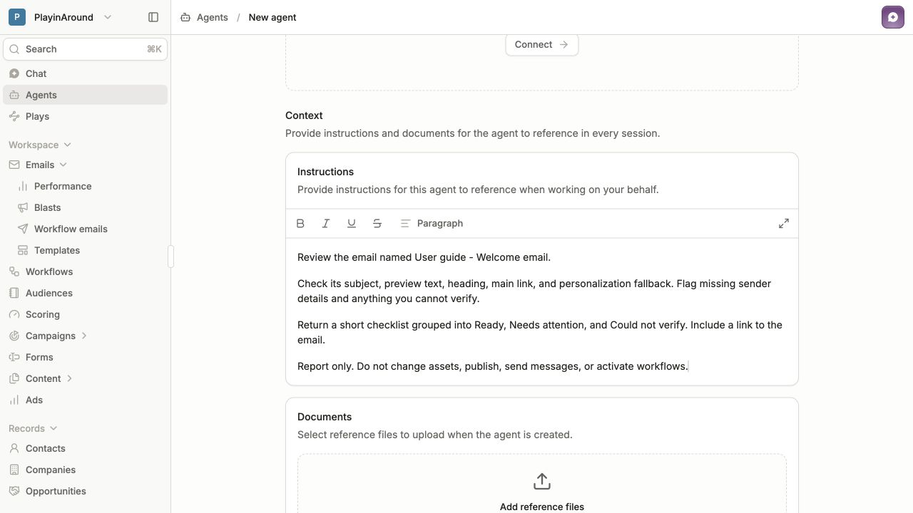 Agent Instructions editor containing the welcome email review checklist and report-only instruction