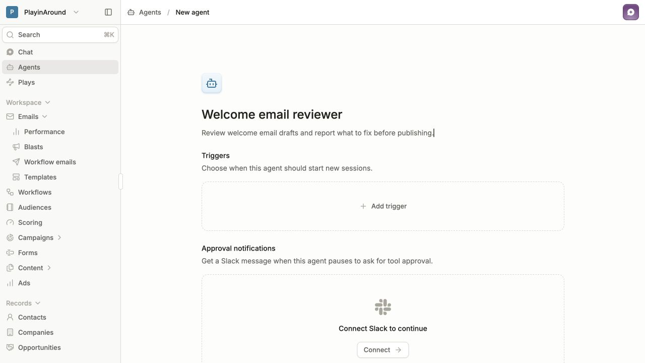 New agent named Welcome email reviewer with its description and an empty Triggers section