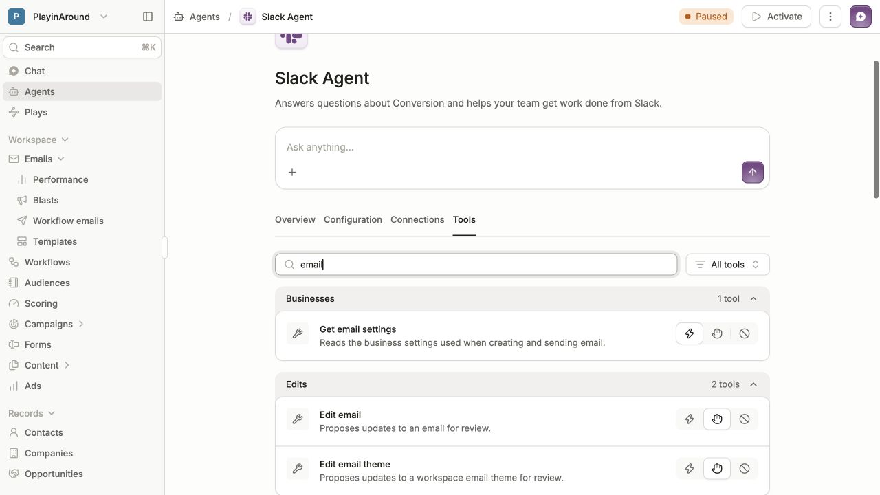 Tools tab filtered to email, with automatic approval selected for Get email settings and approval required for Edit email and Edit email theme