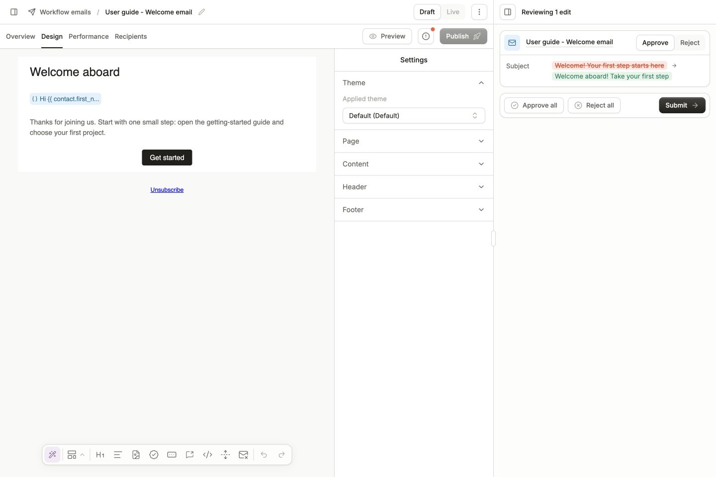 Email editor beside chat's review panel, showing the old and proposed subject, Approve and Reject controls, and Submit