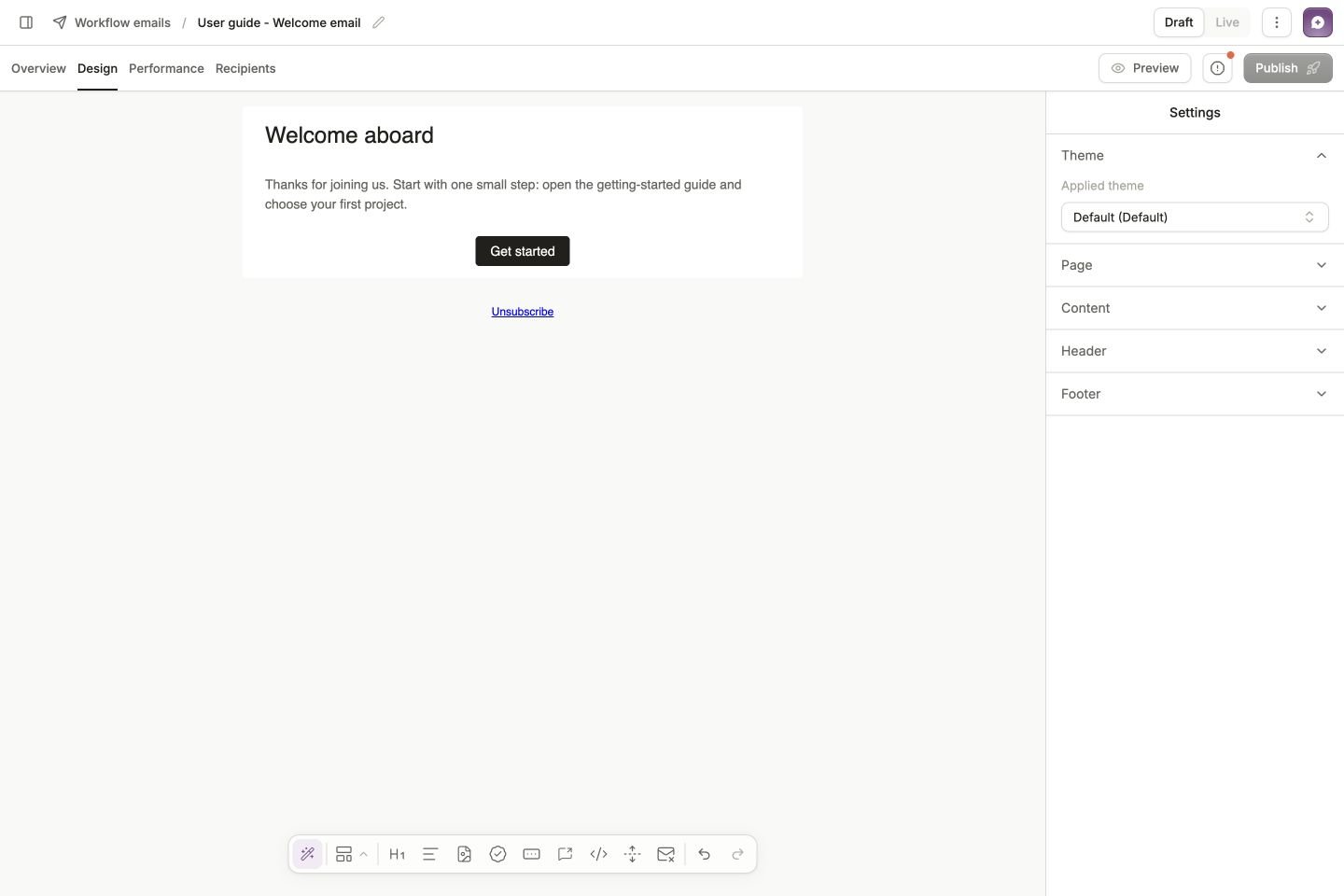 Welcome email in the Design tab with heading, paragraph, Get started button, block toolbar, and theme settings