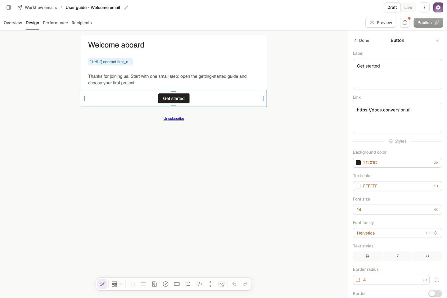 Selected Get started button with its label and destination URL in the Button settings