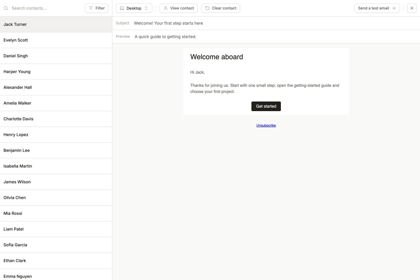 Email preview with a list of demo contacts, Jack selected, View contact, and a rendered Hi Jack greeting