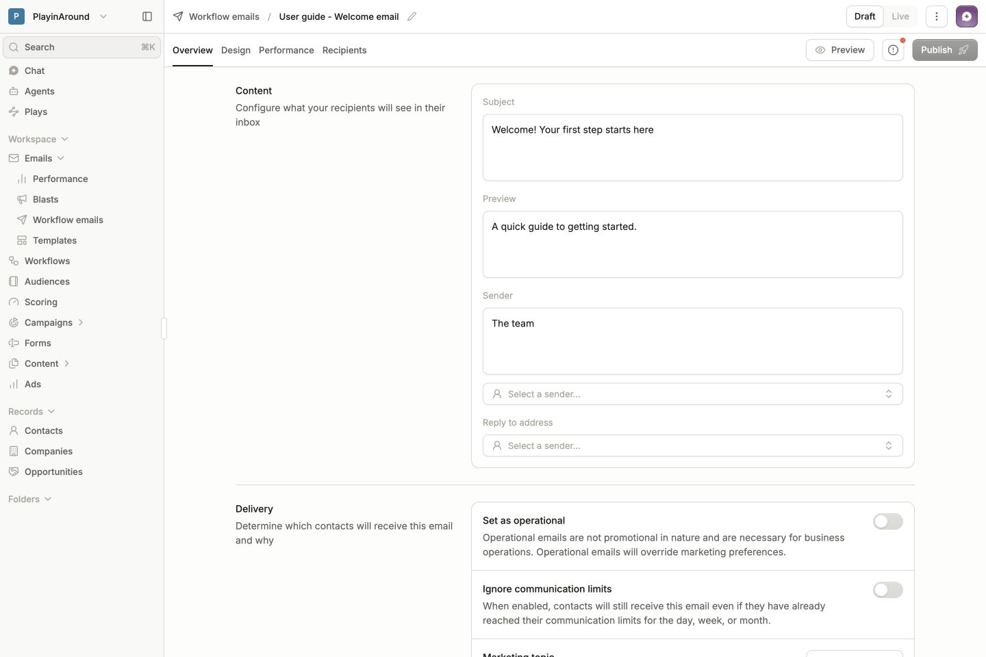 Email Overview tab showing Subject, Preview, Sender, and Reply to address