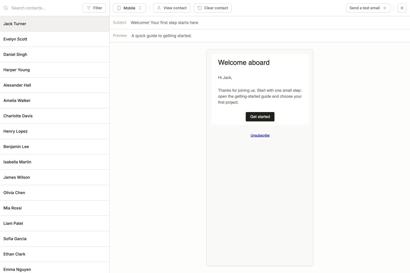 Mobile email preview for demo contact Jack Turner, showing the personalized greeting and Get started button