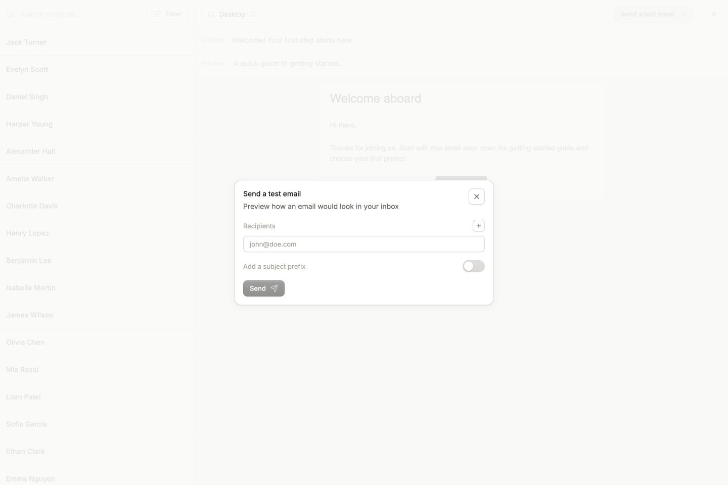 Send a test email dialog with recipient entry and optional subject prefix