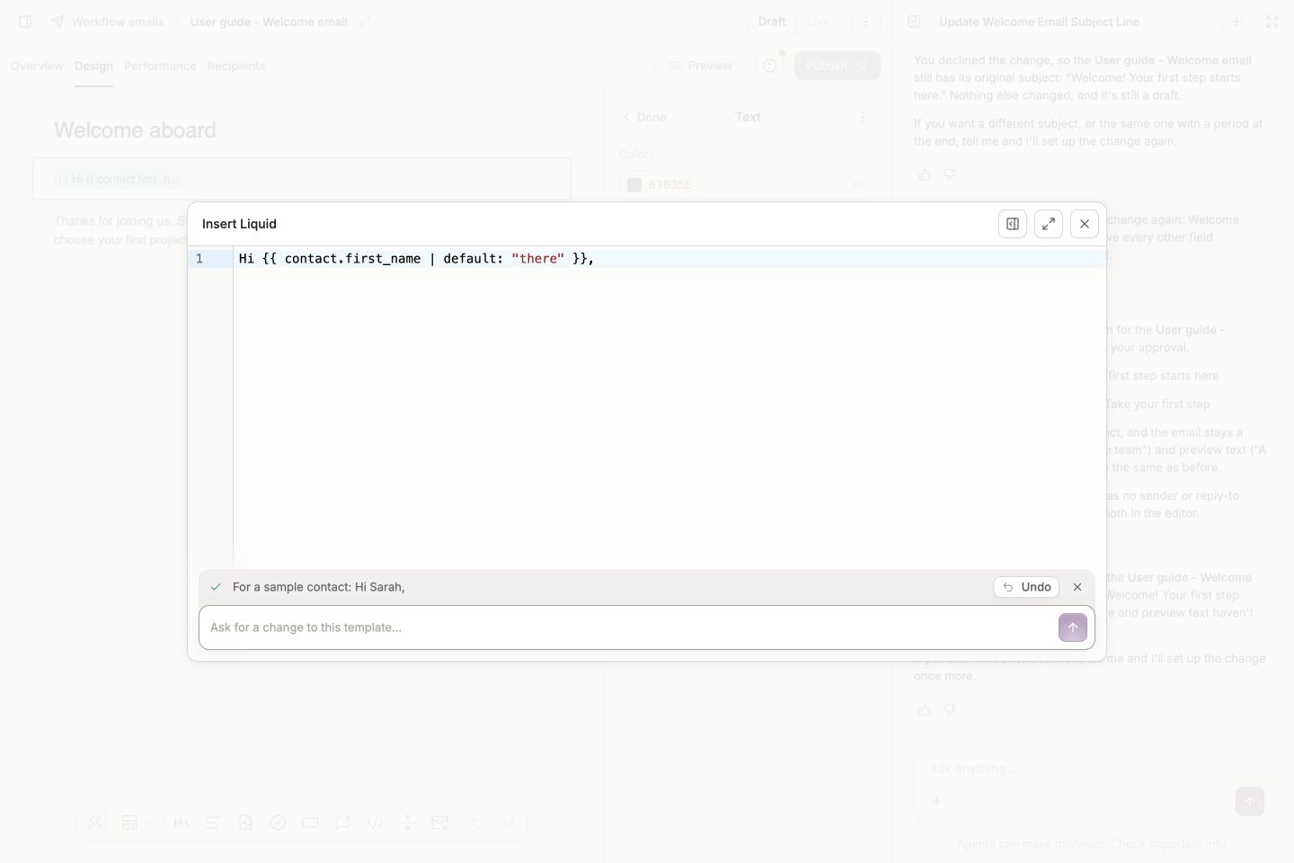 Insert Liquid dialog containing a generated first-name greeting with a default of there, sample output, and Undo