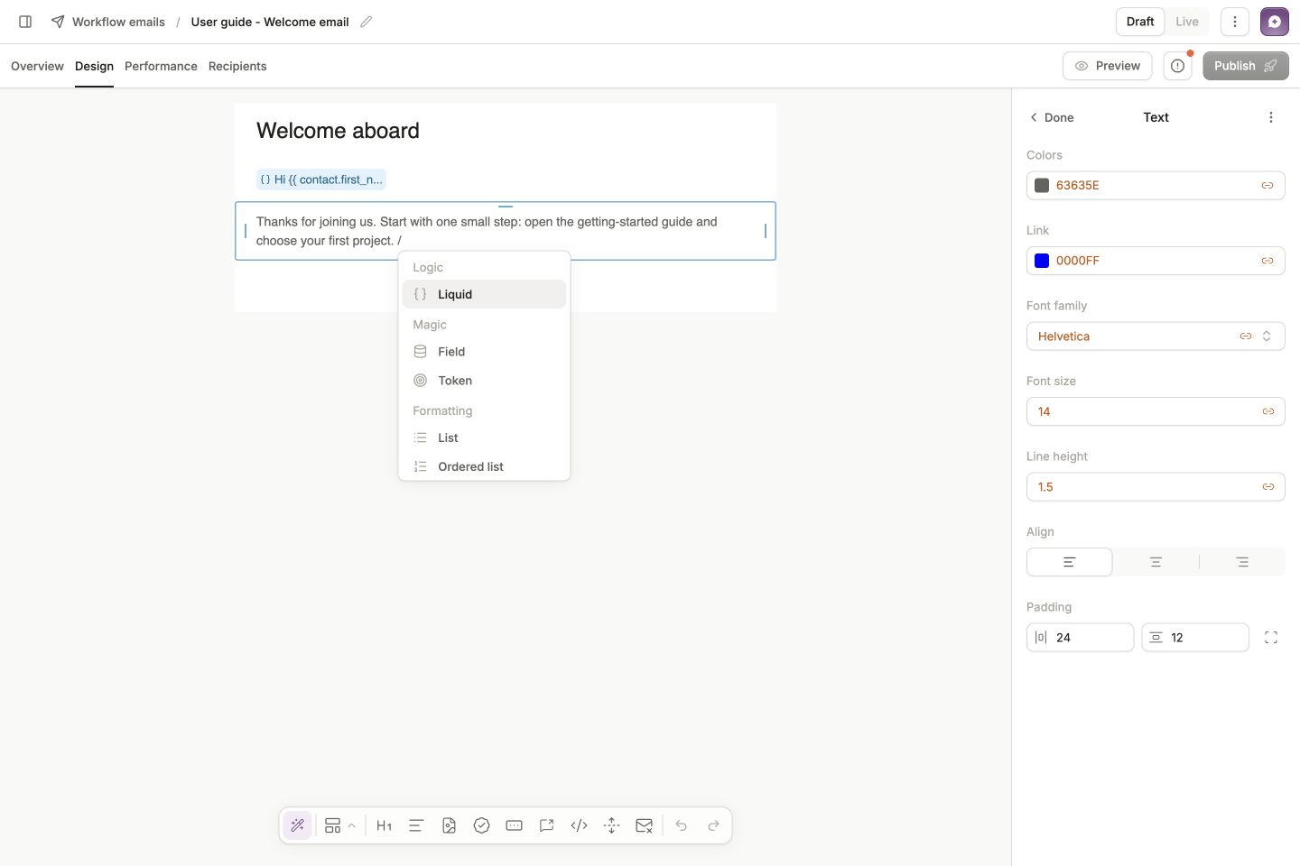 Text block with the slash menu open and Liquid selected above Field and Token