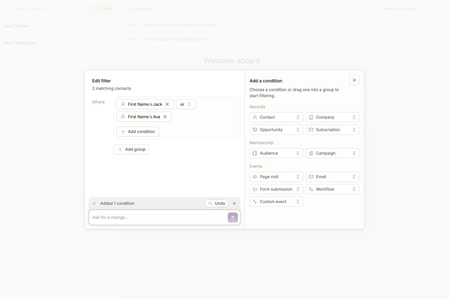 AI-generated filter matching Jack or Ava, with two matching contacts, a change summary, and Undo
