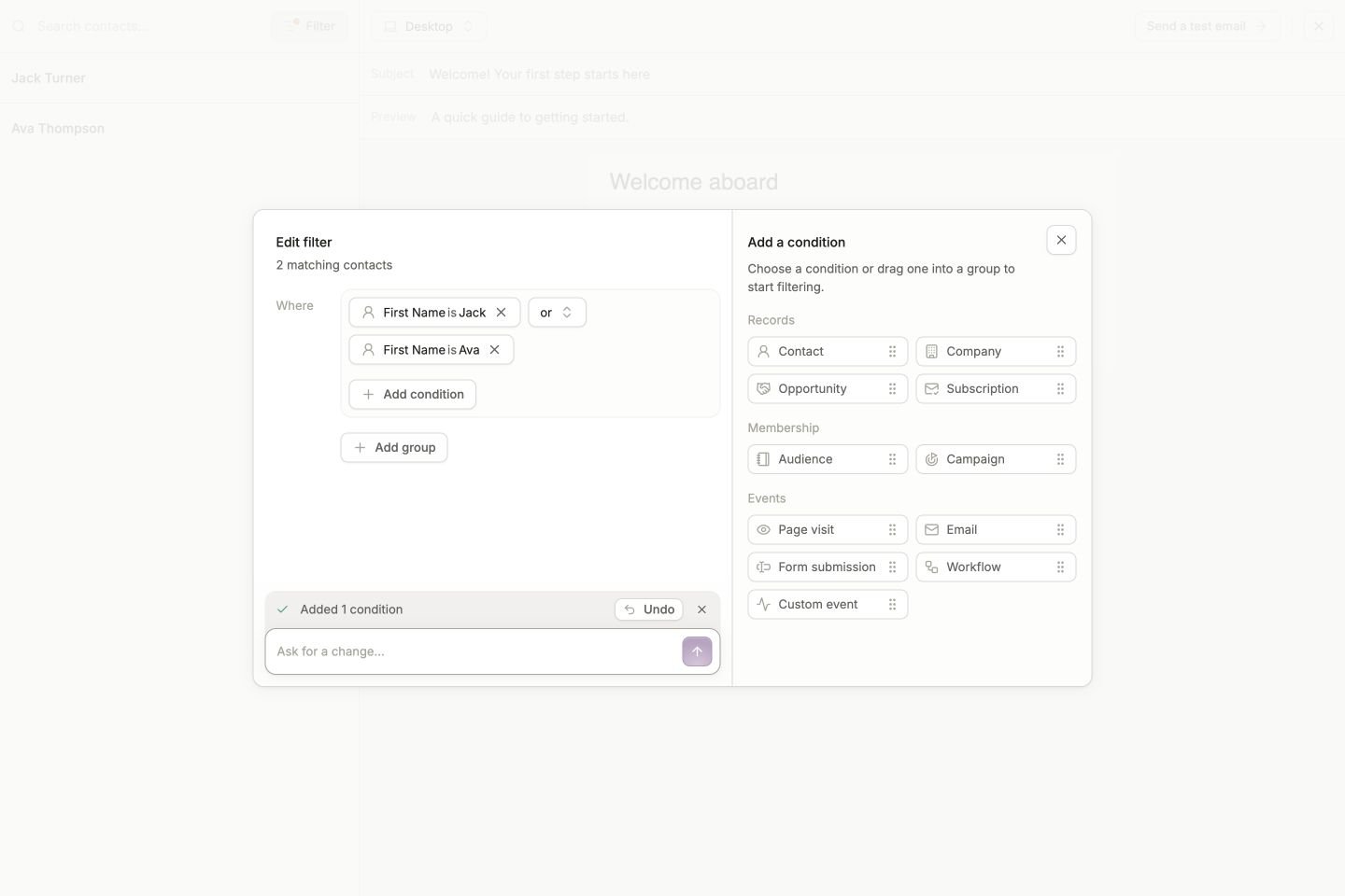 AI-generated filter matching Jack or Ava, with two matching contacts, a change summary, and Undo