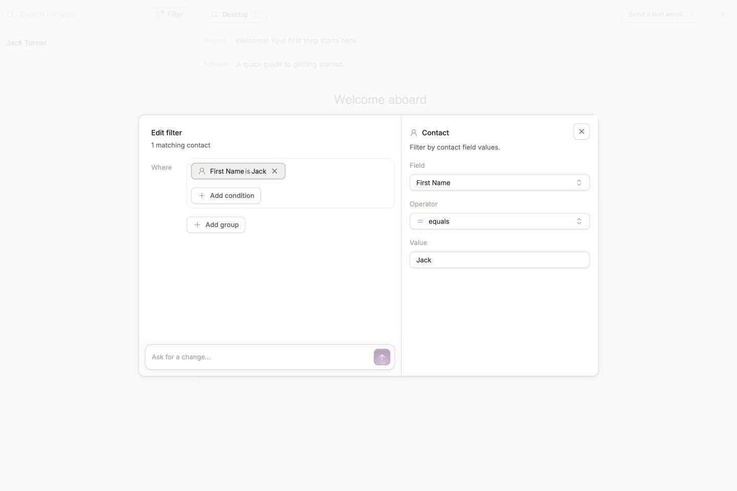 Statement Builder with First Name equals Jack and one matching contact