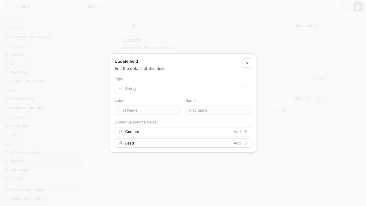 Update field dialog for First Name showing its first_name key and separate Contact and Lead rows under Linked Salesforce fields