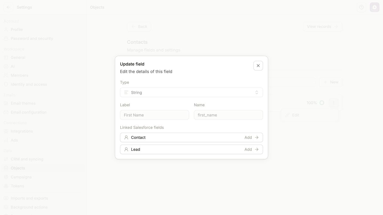 Update field dialog for First Name showing its first_name key and separate Contact and Lead rows under Linked Salesforce fields