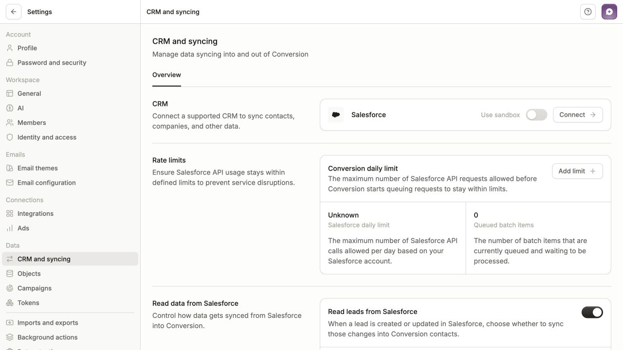 CRM and syncing settings with the Salesforce connection card, Use sandbox option, Connect button, and API rate limits