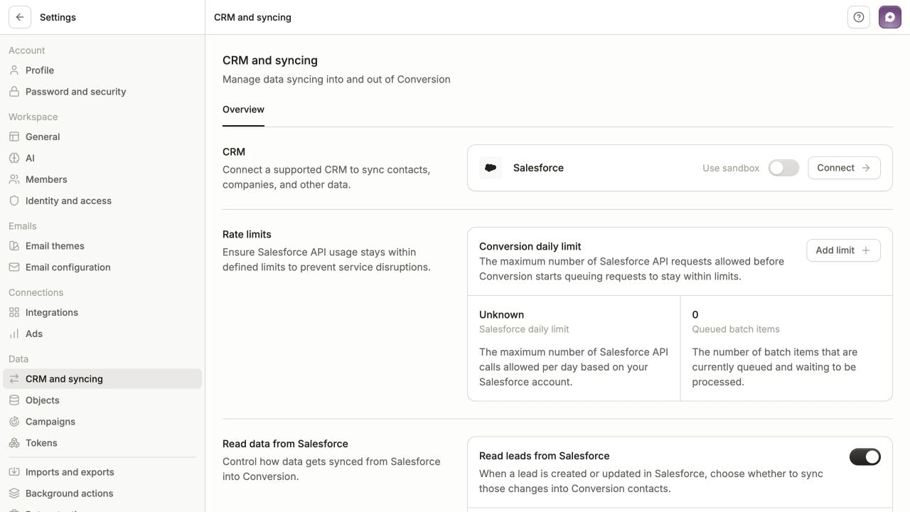 CRM and syncing settings with the Salesforce connection card, Use sandbox option, Connect button, and API rate limits